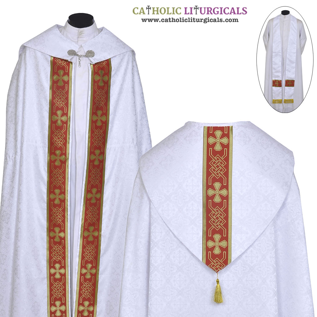 Cope Vestment&nbsp;White Cope with Red Orphreys & Stole Set