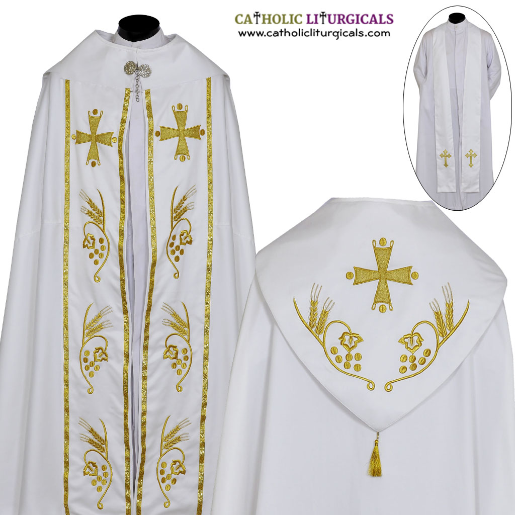 Cope Vestment&nbsp;White Cope & Stole Set - Light Weight